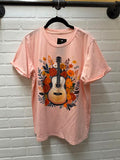 Pink Guitar Flower Print Crew Neck Loose T Shirt