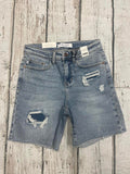 Hi-Waisted Midlength Denim Patch Shorts