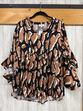 Satin Leopard Babydoll Top With 3/4 Bell Sleeves