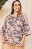 Washed Camouflage Printed Cold Shoulder Knit Top