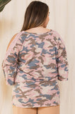 Washed Camouflage Printed Cold Shoulder Knit Top