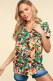 Frilled Notch Neck Tropical Leaf Woven Top