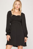 Ruffled Long Sleeve Satin Dress with Back Tie Detail