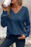 Solid Textured V Neck Long Sleeve Top