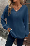 Solid Textured V Neck Long Sleeve Top