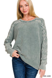 Stone Washed Cable-sleeve Crewneck Sweater