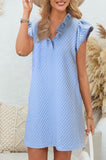 Textured Puff Sleeve Ruffled V Neck Shift Dress