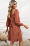 Suede Square Neck Puff Sleeve Dress