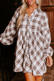 White Plaid Bubble Sleeve Flowy Short Dress