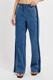 High Rise Wide Leg Elastic Banded Side Seam Detail Jeans