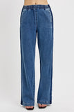 High Rise Wide Leg Elastic Banded Side Seam Detail Jeans