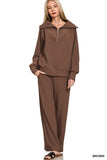 Ribbed High Neck Half Zip Pullover & Pants Set