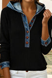 Hoodie Long Sleeve Denim Trim Button Front Top