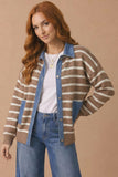 Collared Button Down Denim Stripe Sweater Color Block Twofer Long Sleeve
