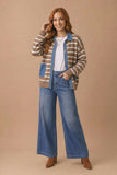 Plus Size Collared Button Down Denim Stripe Sweater Color Block Twofer Long Sleeve Cardigan With Poc