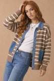 Plus Size Collared Button Down Denim Stripe Sweater Color Block Twofer Long Sleeve Cardigan With Poc