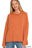 Plus Raised Rib Raw Edge Boat Neck Long Sleeve Top