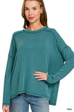 Raised Rib Raw Edge Boat Neck Long Sleeve Top