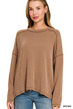 Raised Rib Raw Edge Boat Neck Long Sleeve Top