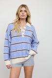 Contrast Collar Stripe Polo Fuzzy Knit Sweater
