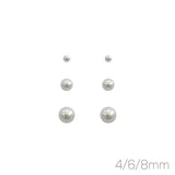 4/6/8mm 3 Pair Pearl Earrings