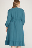 3/4 Sleeve Woven Tiered Midi Dress with Waist Tie