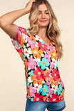 V Neck Loose Fit Dolman Floral Print Knit Top