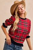 Christmas Plaid Contrast Banded Puff Sleeves Top