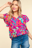 Frilled Notch Neck Tropical Leaf Woven Top