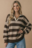 Oversized Striped Knit Pullover With A Collared Notched Neck And Long Sleeves.