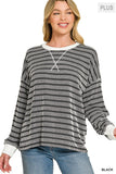 Plus Raised Rib Striped Round Neck Pullover