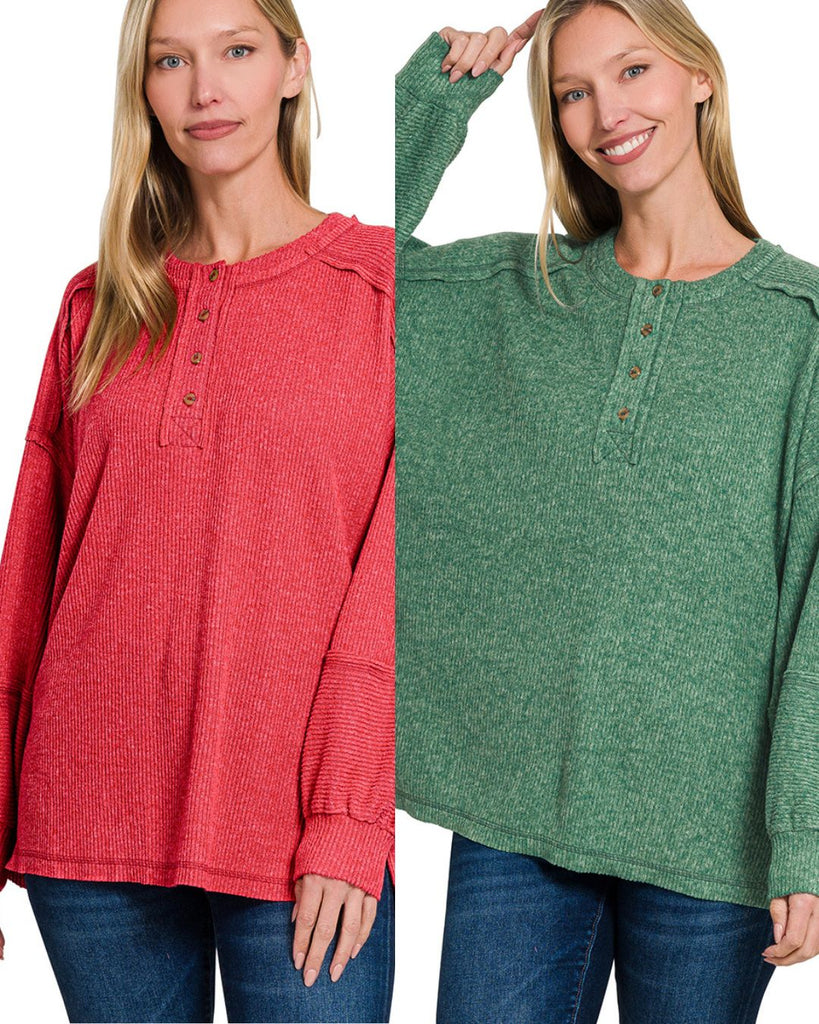 Ribbed Brushed Hacci Melange Henley Sweater