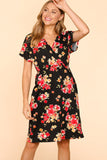 Floral Surplice Overlap V Neck Knit Dress
