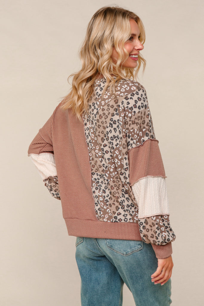 Round Neck Mixed Print Patchwork Pullover