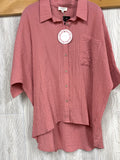 Pleated Batwing Short Sleeve Button Up Top With High Low Hem