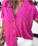 Pink Lapel Neck Checkered Textured Shirt