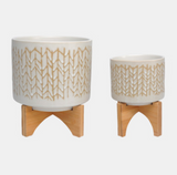 Chevron Planter With Wood Stand, Beige