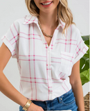 Plaid Short Fold Sleeve Button Down Shirt