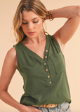 Half Button V Neck Patched Pocket Tank Top