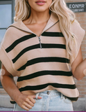 Stripe Zipped Collar Short Sleeve Sweater