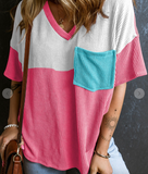 Colorblock Pocket Patchwork Short Sleeve Top