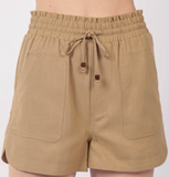 Elastic Waist Solid Linen Shorts