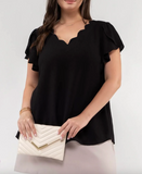 V Neck Scallop Trim Tulip Sleeve Blouse