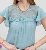 Mesh Crochet Yoke Ruffle Sleeve Blouse