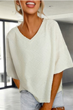 Beige V Neck Textured Split Hem Oversized Top