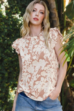 Khaki Floral Print Ruffle Short Sleeve Blouse