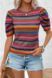 Red Rainbow Stripe Pleated Bubble Sleeve T Shirt