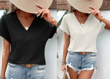 Pale Khaki Textured Wide Sleeve V Neck T Shirt