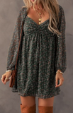 Green Drawstring Ruched Floral Mini Dress