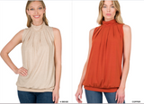 High Neck Pleated Top With Waistband